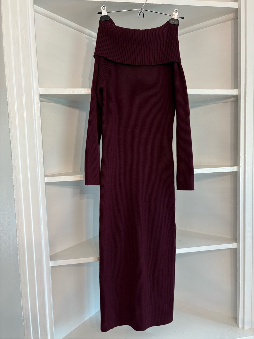 Off-Shoulder Ribbed Sweater Maxi Dress in Wine